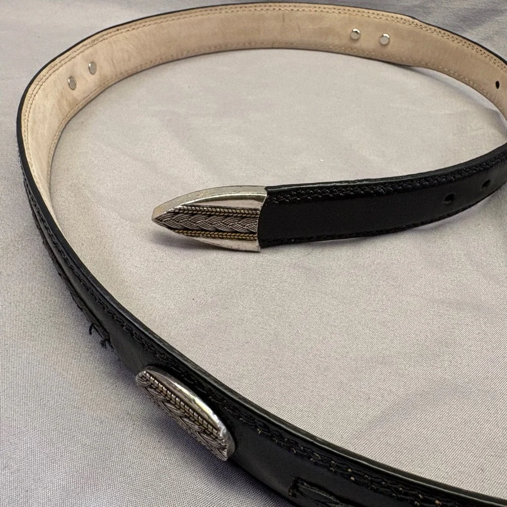 Vintage Western Black Genuine Leather Belt Braided Concho Silver Buckle Set 36 - Picture 3 of 5
